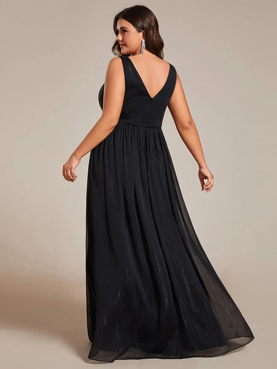 Plus Glittery Floor Length V-Neck Sleeveless Evening Dress