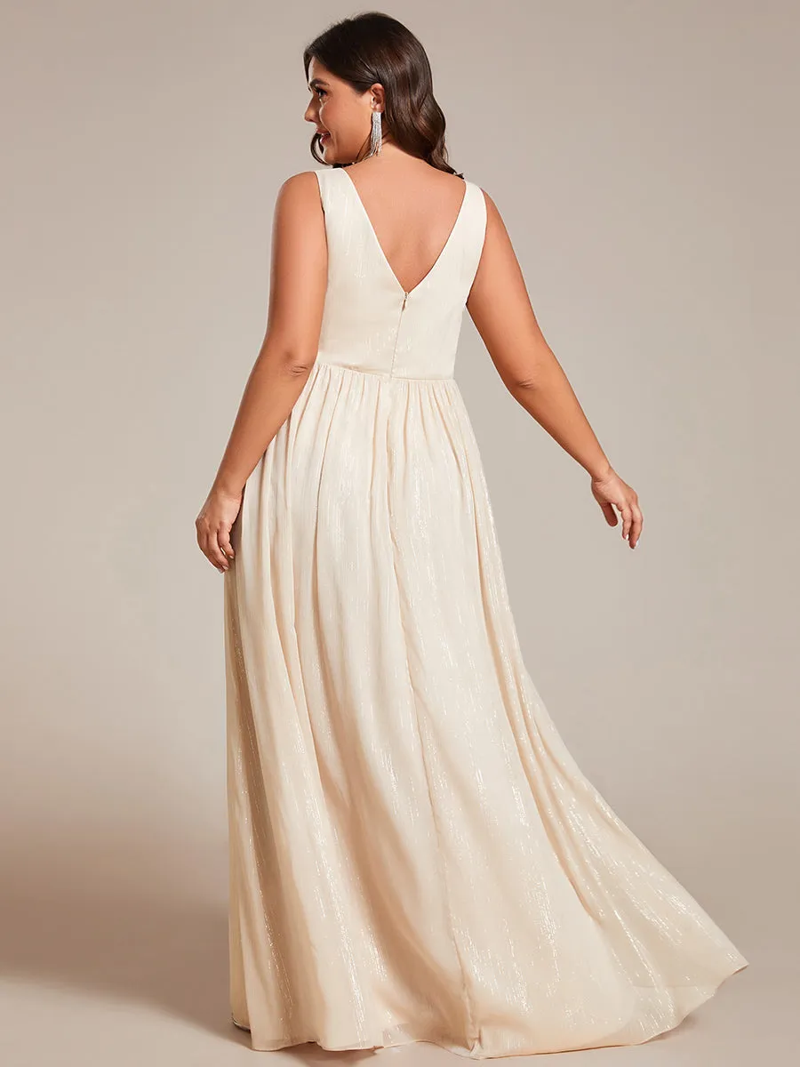 Plus Glittery Floor Length V-Neck Sleeveless Evening Dress