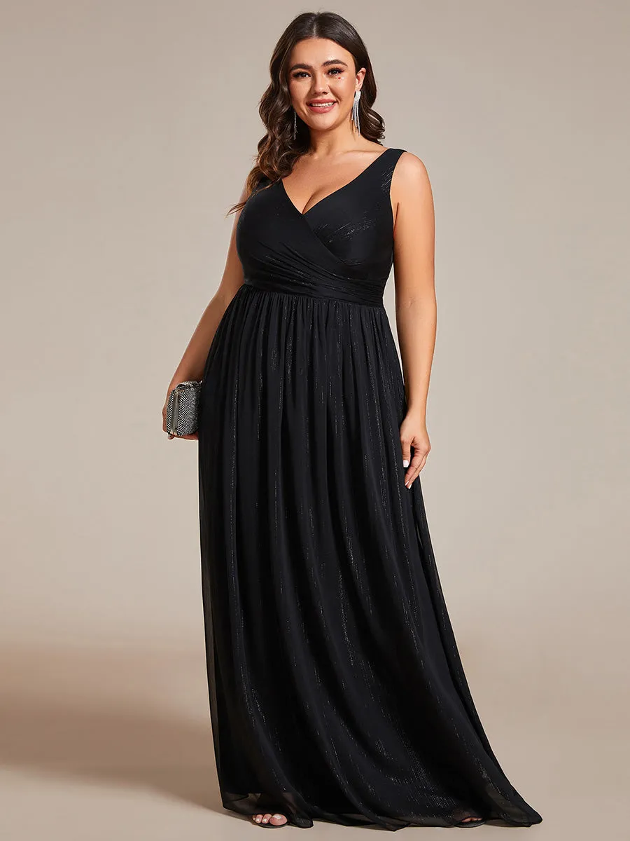 Plus Glittery Floor Length V-Neck Sleeveless Evening Dress