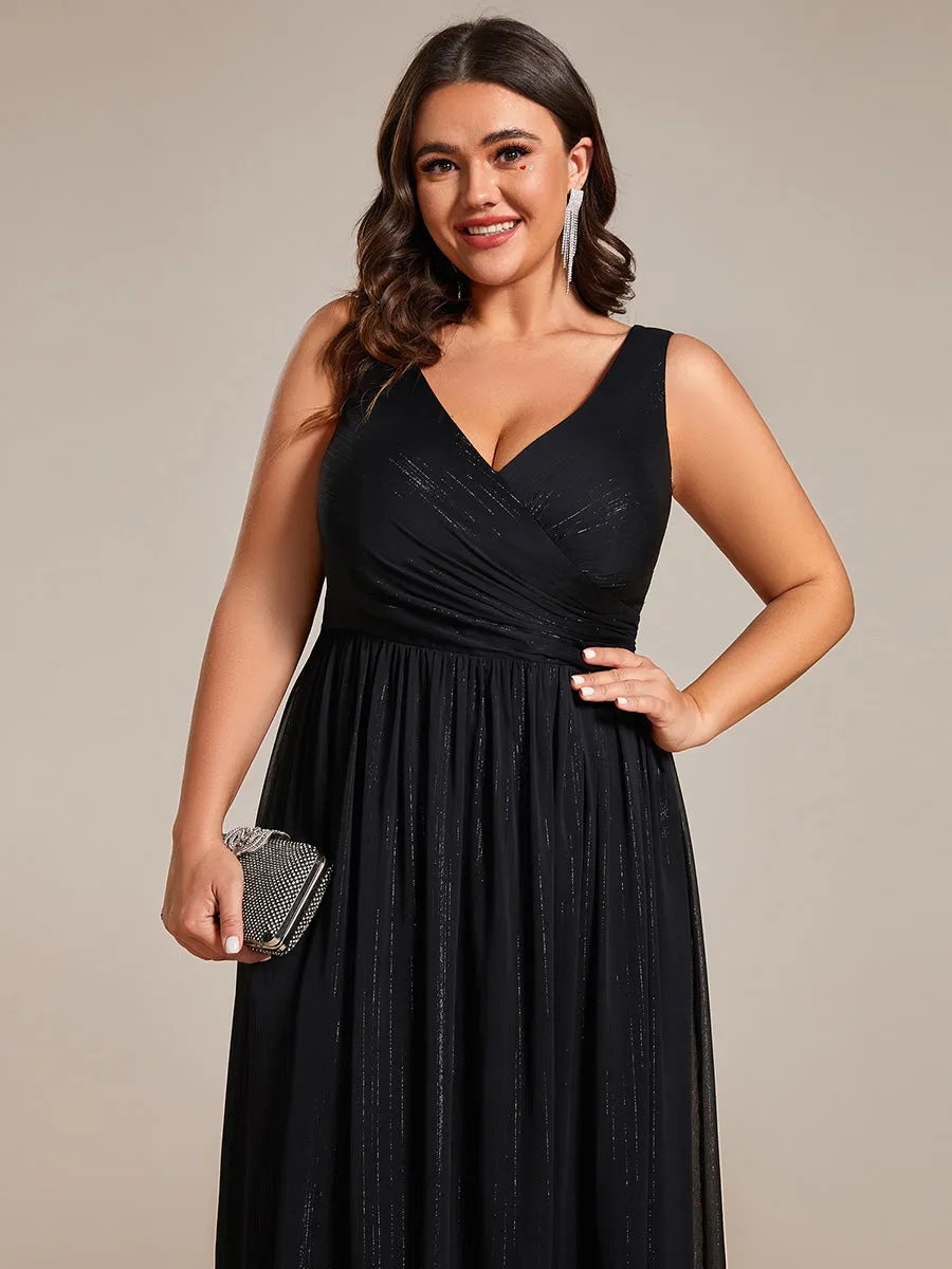 Plus Glittery Floor Length V-Neck Sleeveless Evening Dress