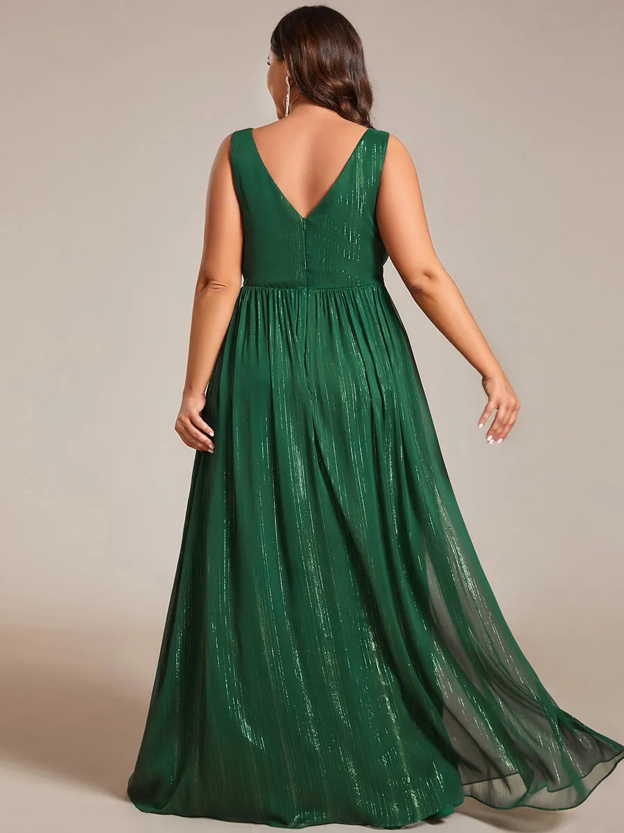 Plus Glittery Floor Length V-Neck Sleeveless Evening Dress