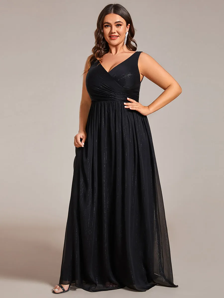Plus Glittery Floor Length V-Neck Sleeveless Evening Dress