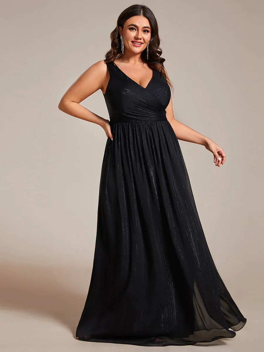 Plus Glittery Floor Length V-Neck Sleeveless Evening Dress