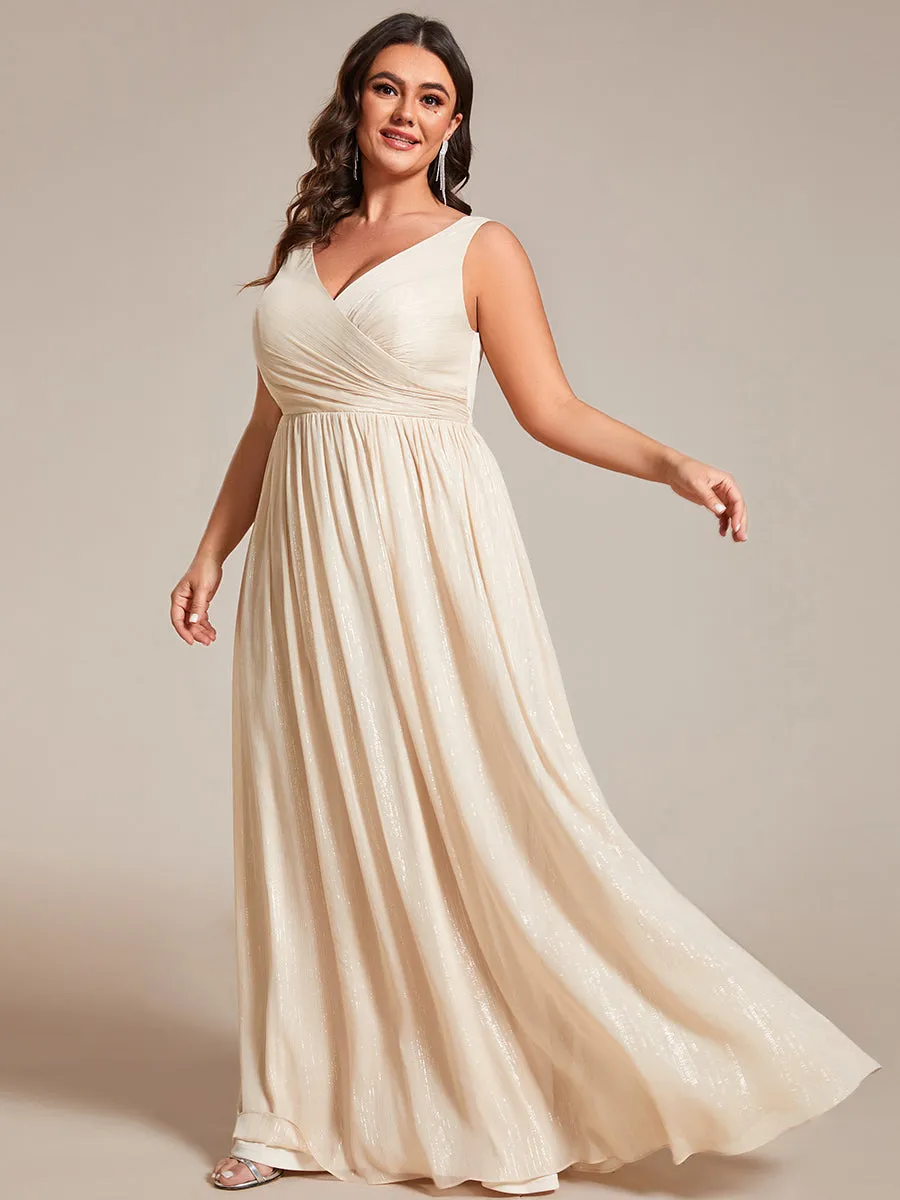 Plus Glittery Floor Length V-Neck Sleeveless Evening Dress