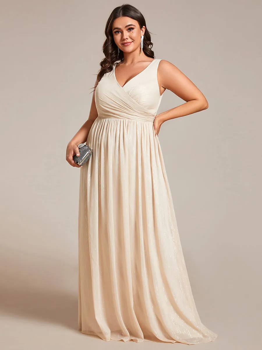 Plus Glittery Floor Length V-Neck Sleeveless Evening Dress