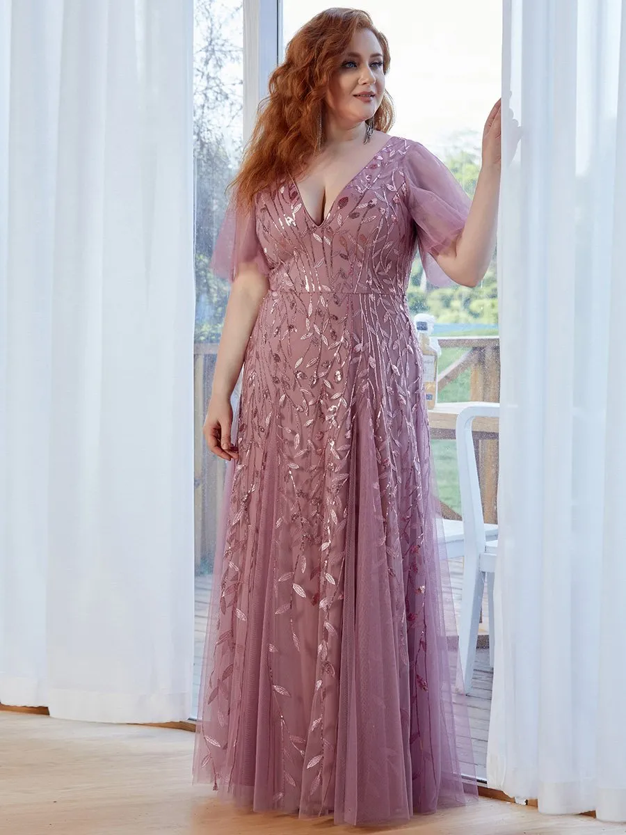 Plus Size Deep V Neck Wholesale Sequin Evening Gown With Short Sleeves