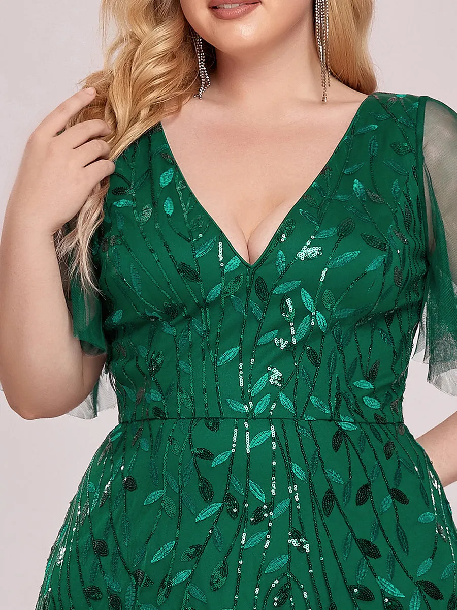 Plus Size Deep V Neck Wholesale Sequin Evening Gown With Short Sleeves