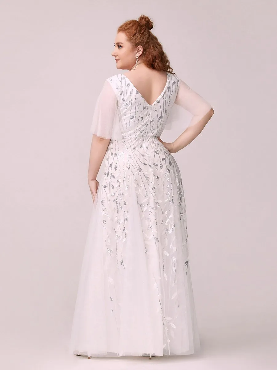 Plus Size Deep V Neck Wholesale Sequin Evening Gown With Short Sleeves