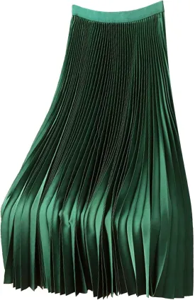 Plus Size Skirts for Women Elastic High Waist Soft Satin Flowy Party Metallic Shiny Accordion Pleated Midi Skirt