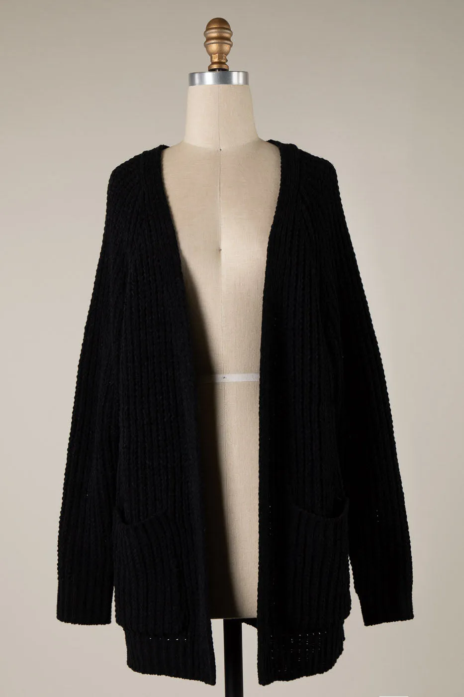 RIBBED TRIM CABLE KNIT CHENILLE CARDIGAN 1 PACK