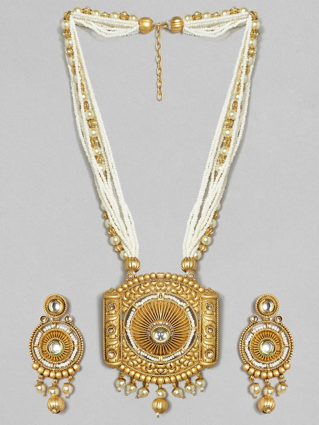 Rubans 22K Gold Plated Handcrafted Pearl Multistranded Filigree Necklace Set