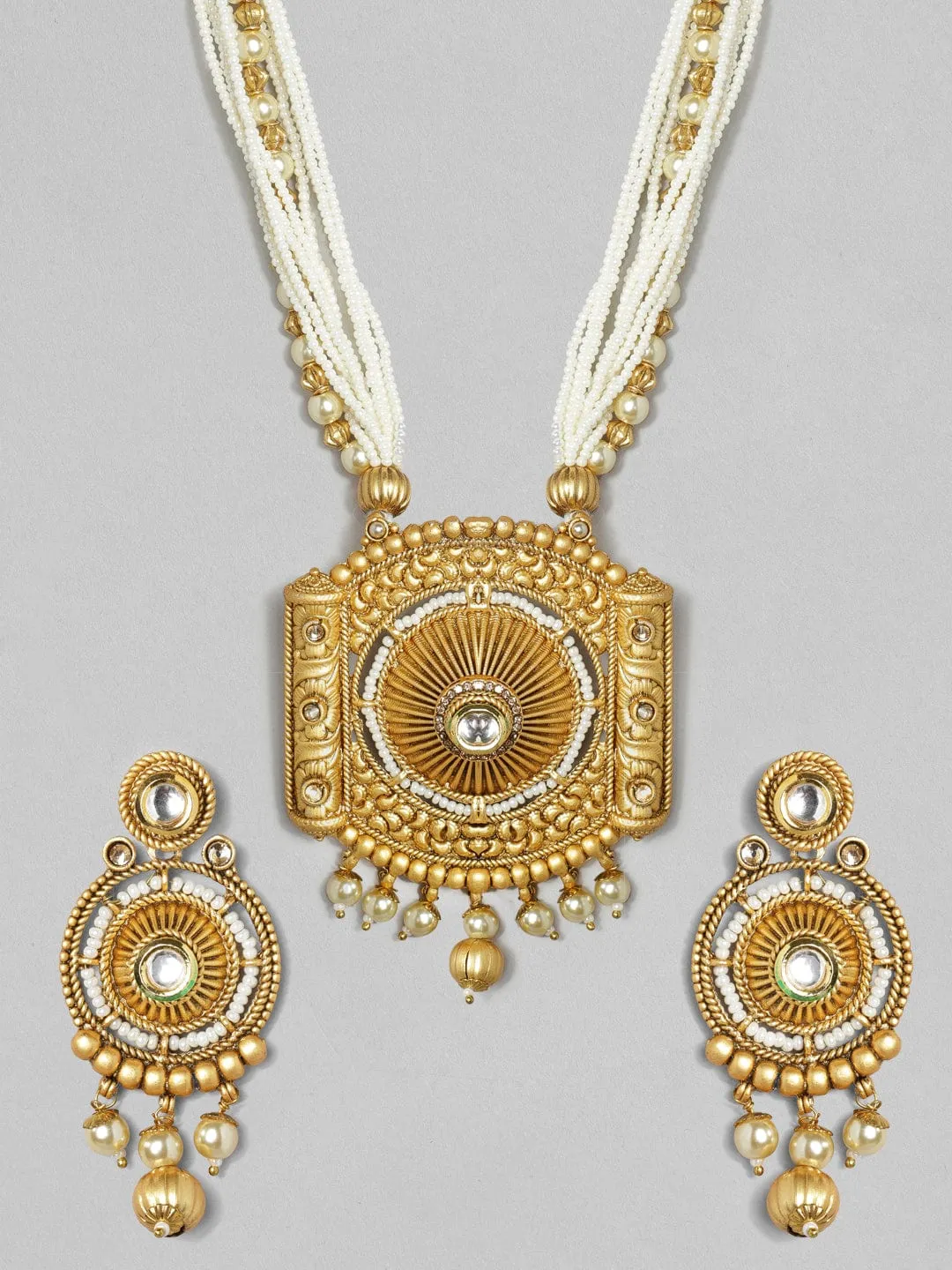 Rubans 22K Gold Plated Handcrafted Pearl Multistranded Filigree Necklace Set