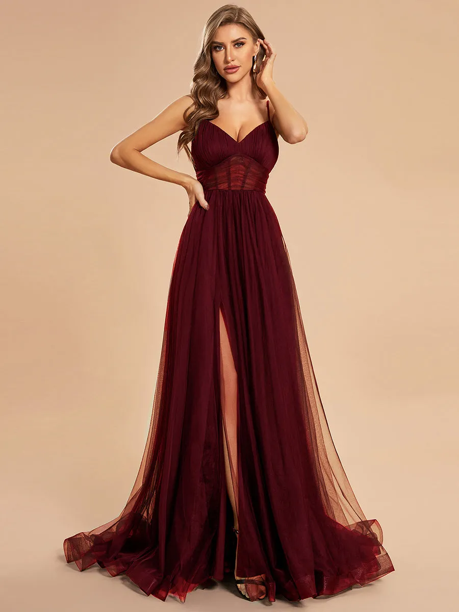See Through Spaghetti Strap High Split Tulle Wholesale Evening Dress