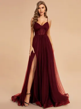 See Through Spaghetti Strap High Split Tulle Wholesale Evening Dress