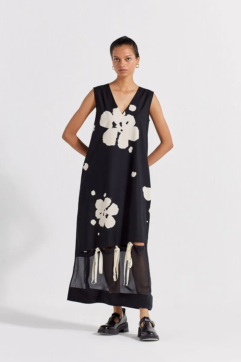 Self-Tie Floral Dress - Black Floral