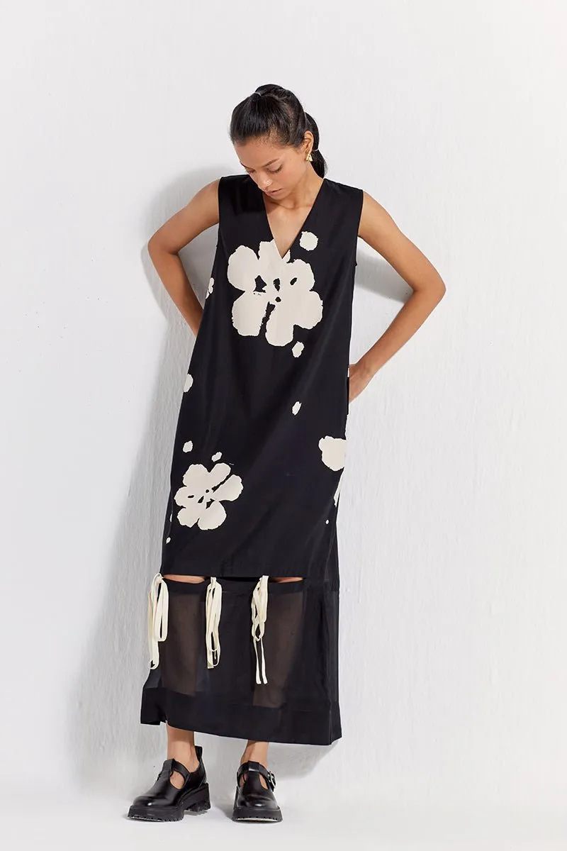 Self-Tie Floral Dress - Black Floral