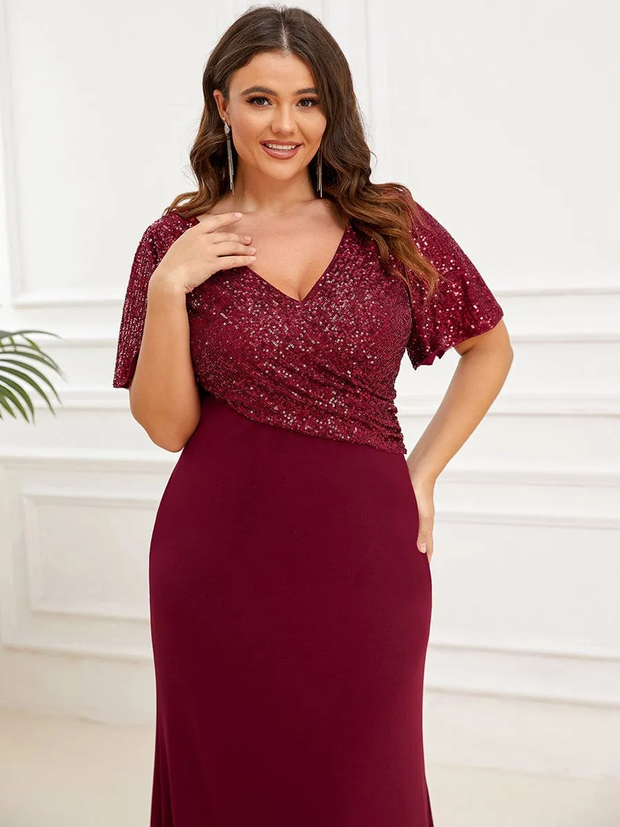 Sequin Short Sleeve Top Cinched Waist Column Evening Dress