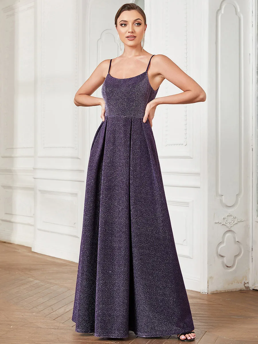 Shiny Spaghetti Straps U Neck A Line Wholesale Evening Dresses
