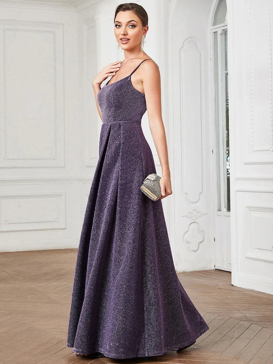 Shiny Spaghetti Straps U Neck A Line Wholesale Evening Dresses