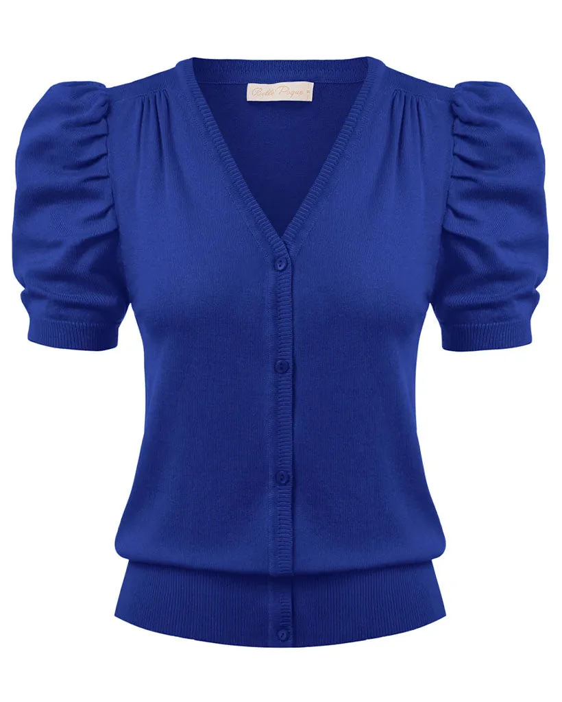 Solid Color Short Puff Sleeve Cardigan Knitwear Knitted V-Neck Sweater