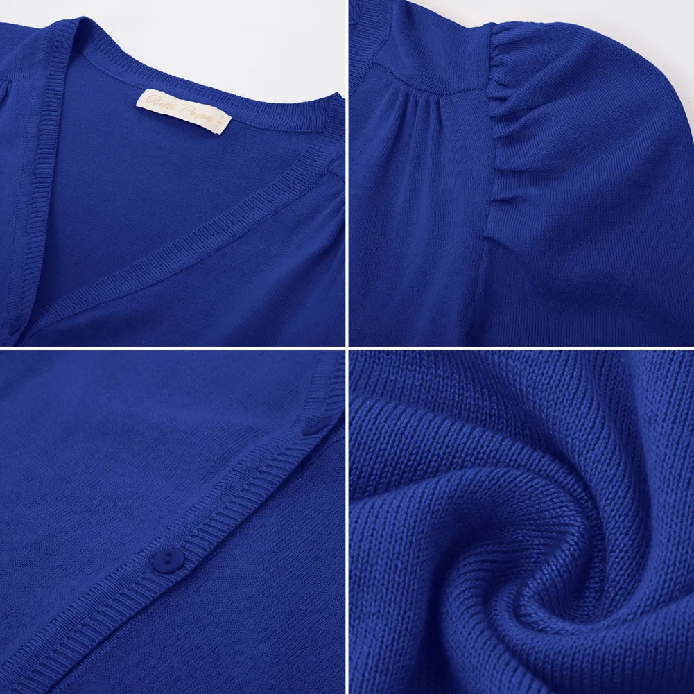 Solid Color Short Puff Sleeve Cardigan Knitwear Knitted V-Neck Sweater