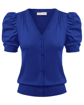 Solid Color Short Puff Sleeve Cardigan Knitwear Knitted V-Neck Sweater