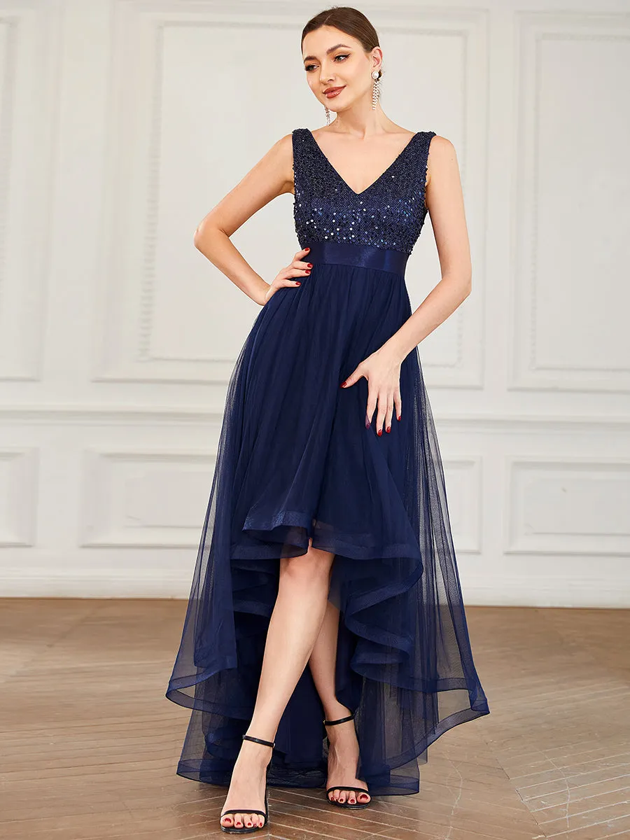 Sparkling Wholesale Evening Dresses with Asymmetrical Hem Deep V Neck