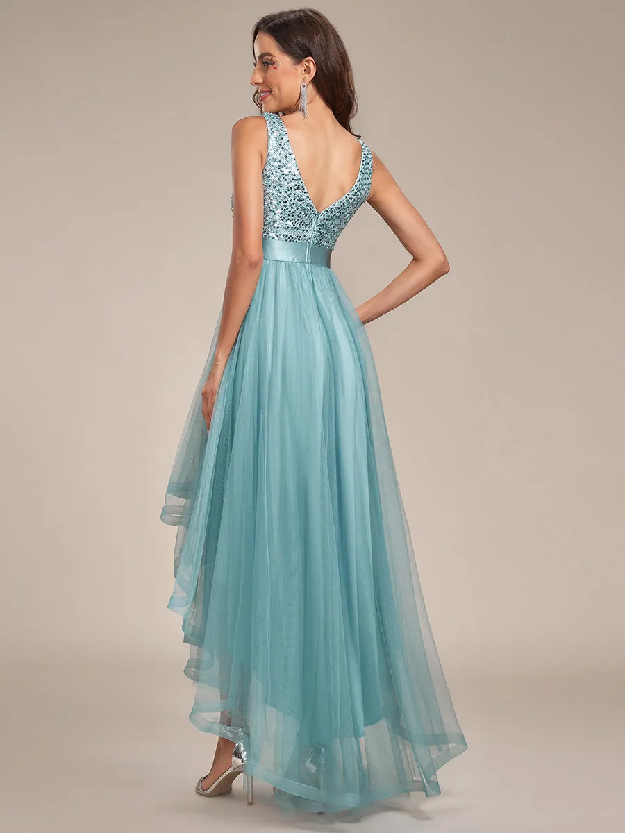 Sparkling Wholesale Evening Dresses with Asymmetrical Hem Deep V Neck
