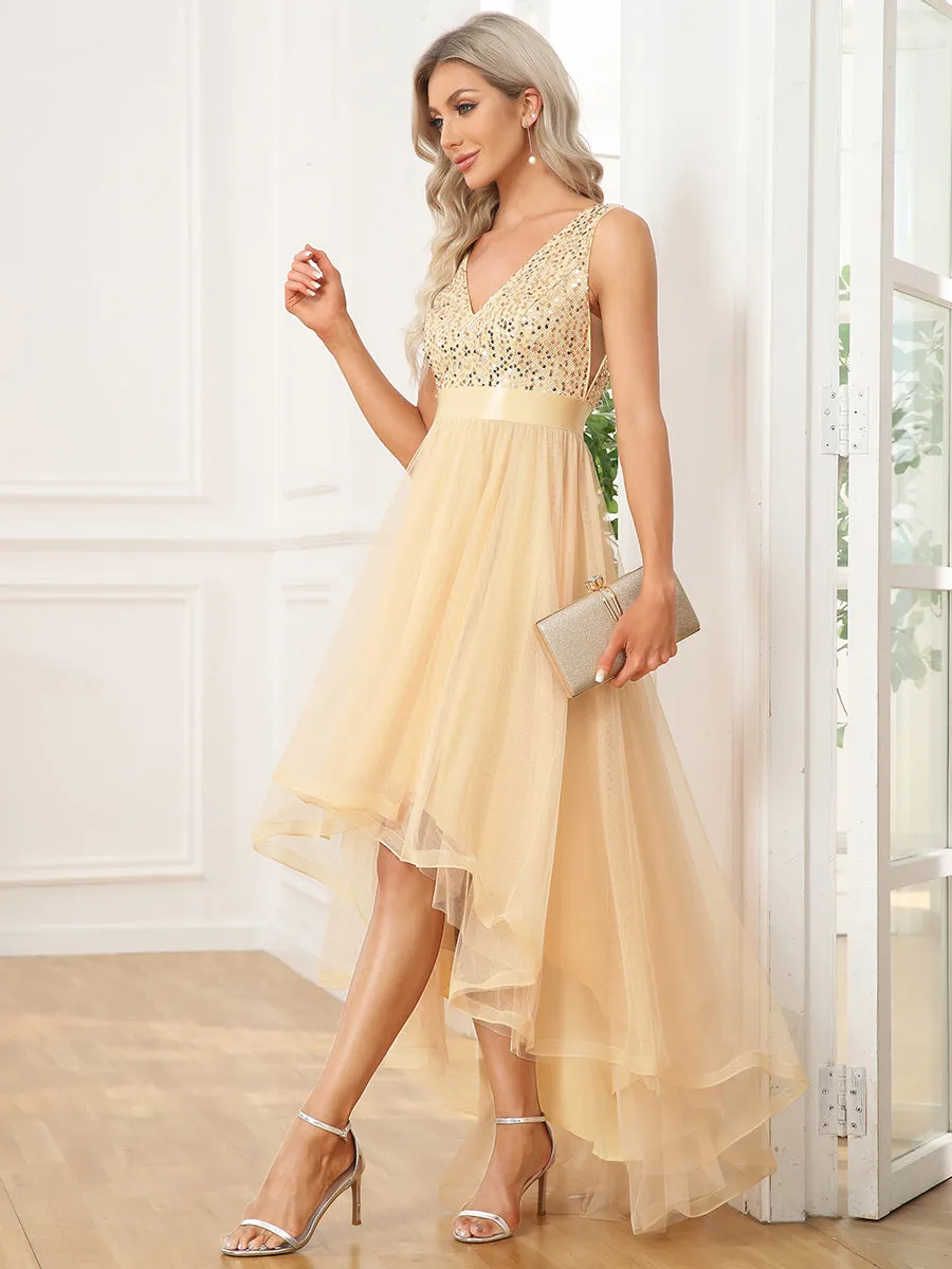 Sparkling Wholesale Evening Dresses with Asymmetrical Hem Deep V Neck