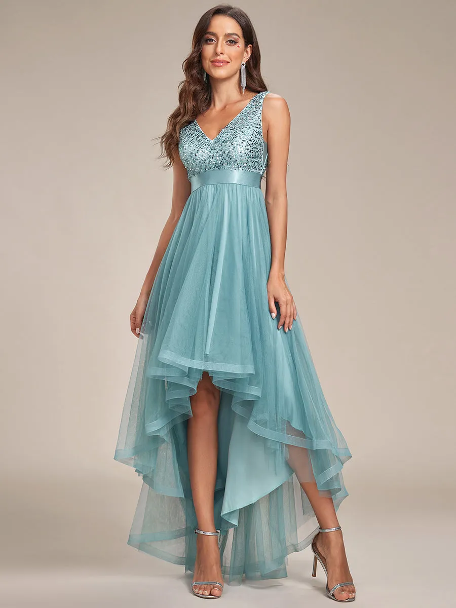 Sparkling Wholesale Evening Dresses with Asymmetrical Hem Deep V Neck