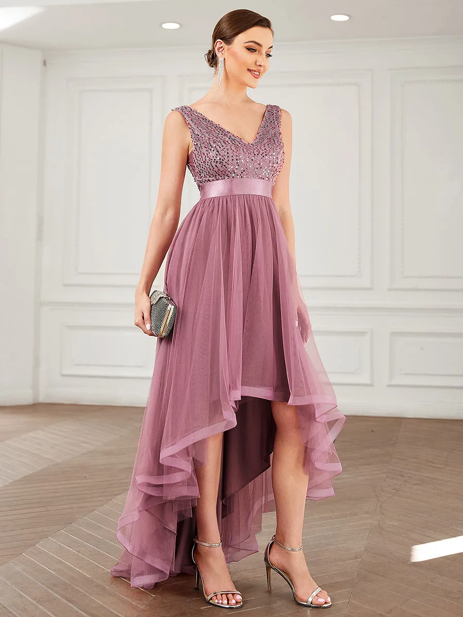 Sparkling Wholesale Evening Dresses with Asymmetrical Hem Deep V Neck