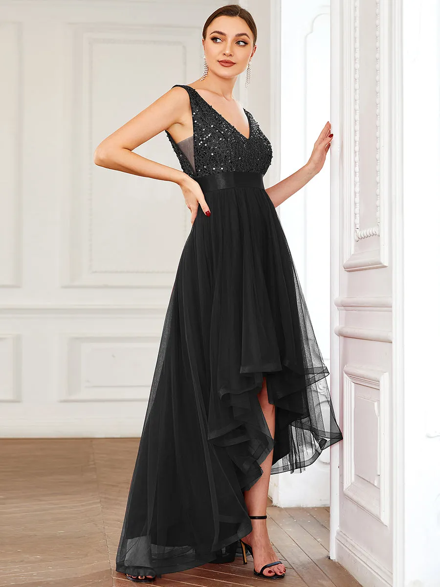 Sparkling Wholesale Evening Dresses with Asymmetrical Hem Deep V Neck
