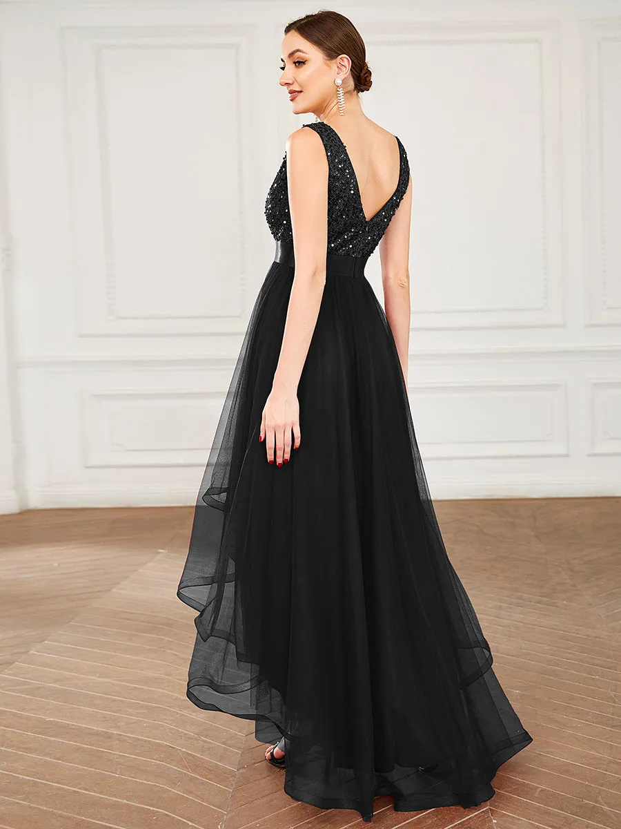 Sparkling Wholesale Evening Dresses with Asymmetrical Hem Deep V Neck