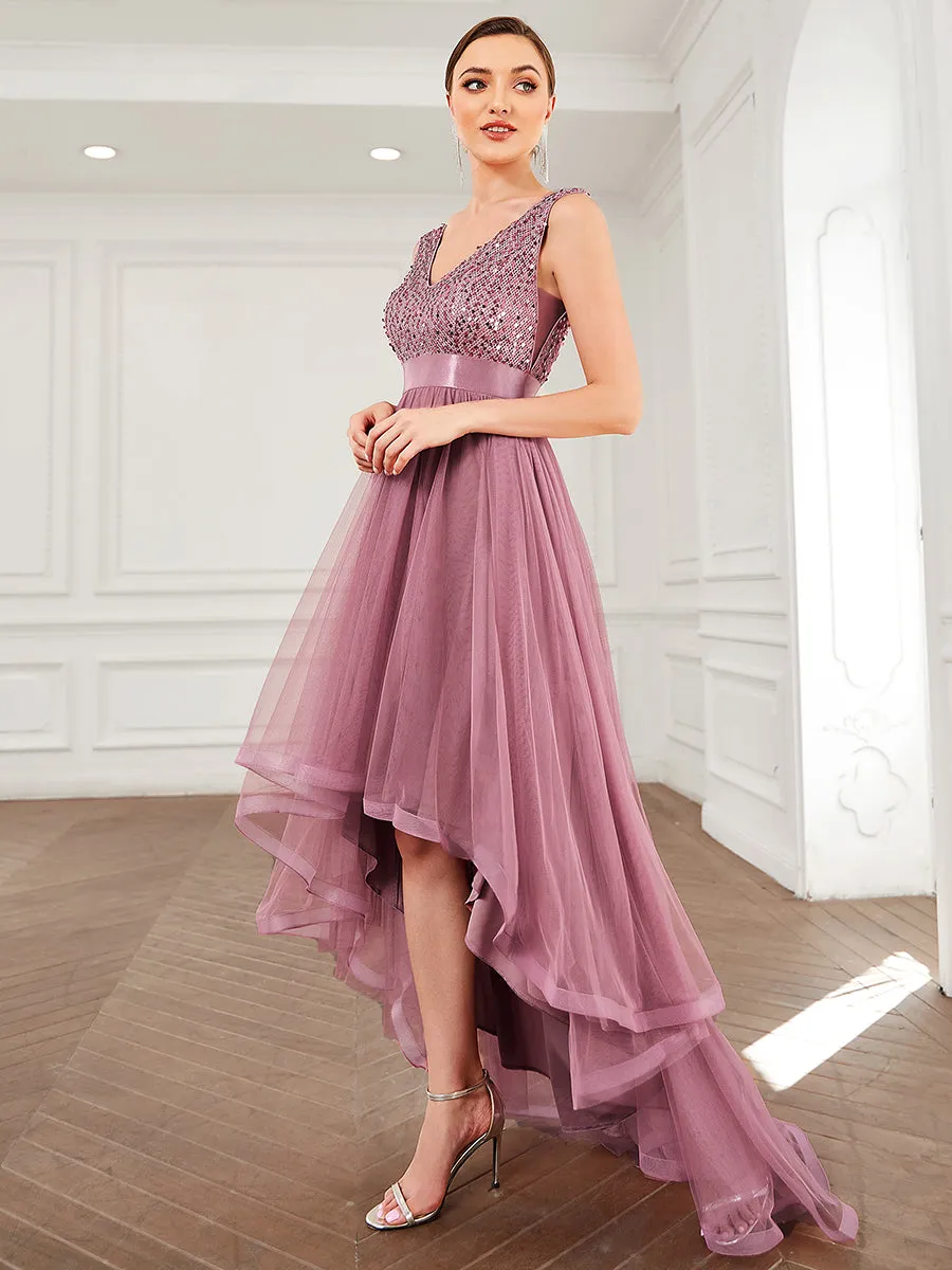 Sparkling Wholesale Evening Dresses with Asymmetrical Hem Deep V Neck