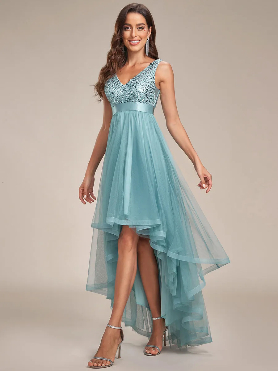 Sparkling Wholesale Evening Dresses with Asymmetrical Hem Deep V Neck
