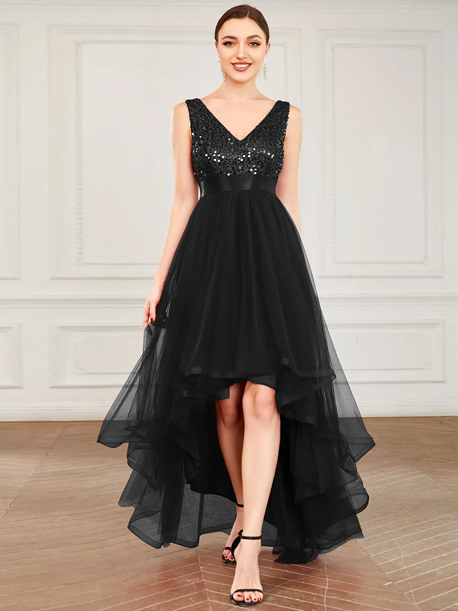 Sparkling Wholesale Evening Dresses with Asymmetrical Hem Deep V Neck