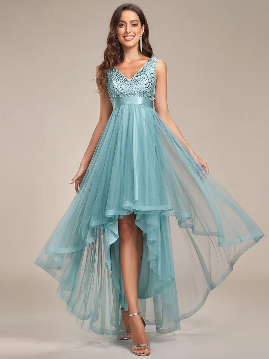 Sparkling Wholesale Evening Dresses with Asymmetrical Hem Deep V Neck