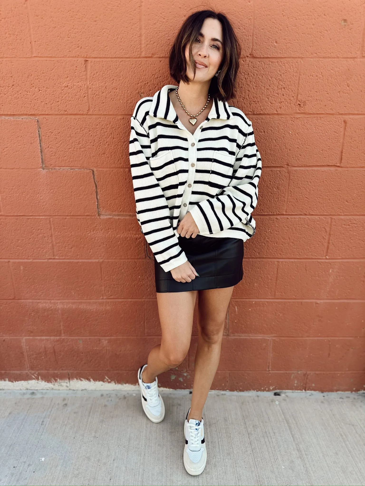 Stripe Pattern Button Front Cardigan | Navy/White