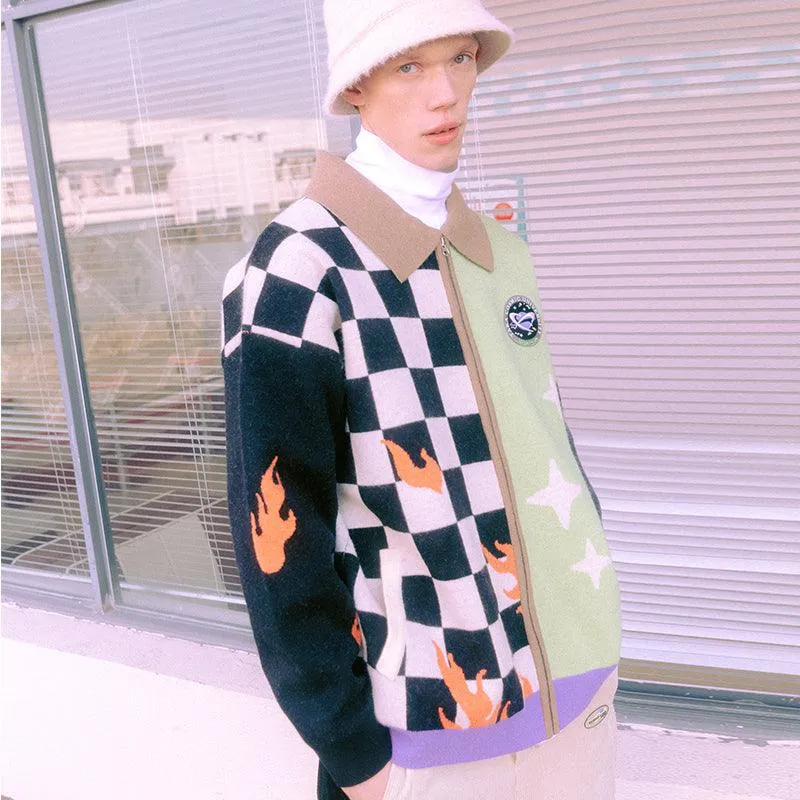TAKA Original Cosmic Univ. flaming checkboard zipped knitted cardigan