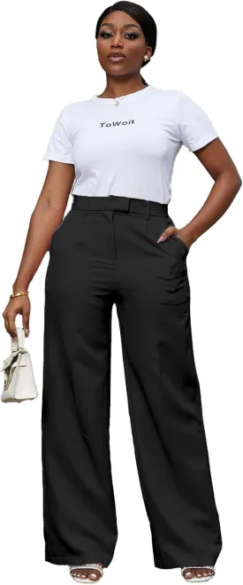 Tbahhir Women's Wide Leg Pants Business Casual High Waisted Trousers Dressy Work Pant with Pockets Office Wear