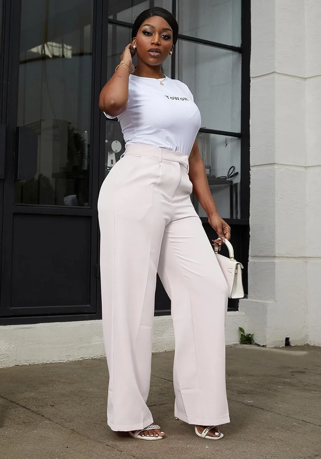 Tbahhir Women's Wide Leg Pants Business Casual High Waisted Trousers Dressy Work Pant with Pockets Office Wear
