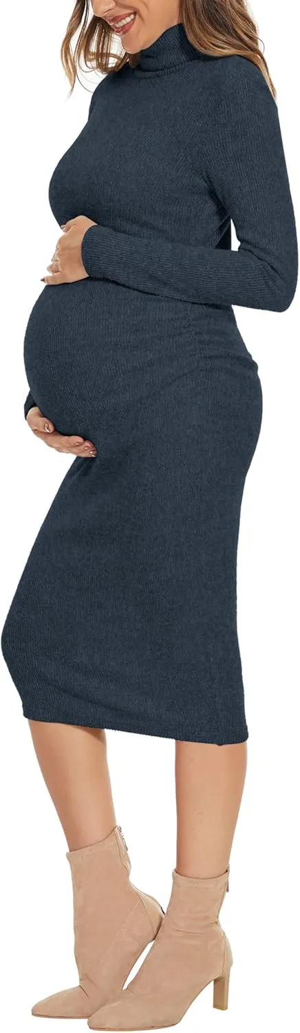 Turtleneck Ribbed Maternity Dress/Ruched Knit Sweater Bodycon Pregnancy Dress Casual Wear Baby Shower