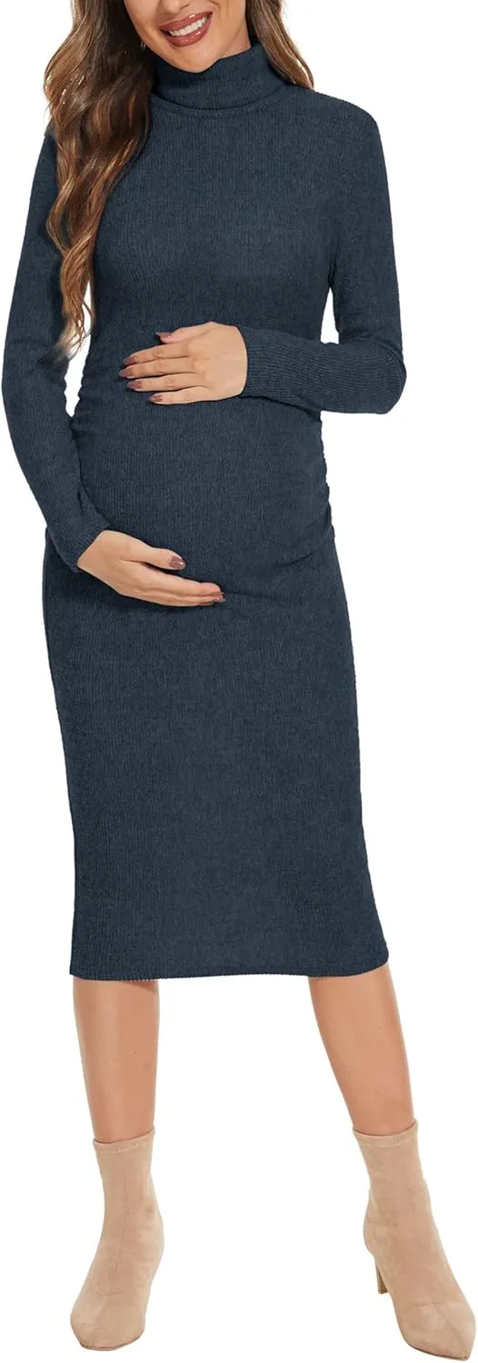 Turtleneck Ribbed Maternity Dress/Ruched Knit Sweater Bodycon Pregnancy Dress Casual Wear Baby Shower