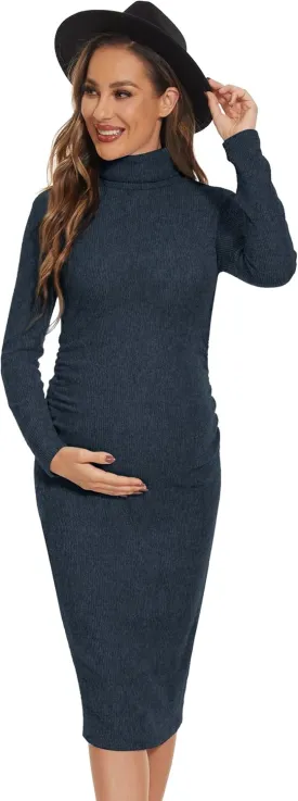 Turtleneck Ribbed Maternity Dress/Ruched Knit Sweater Bodycon Pregnancy Dress Casual Wear Baby Shower