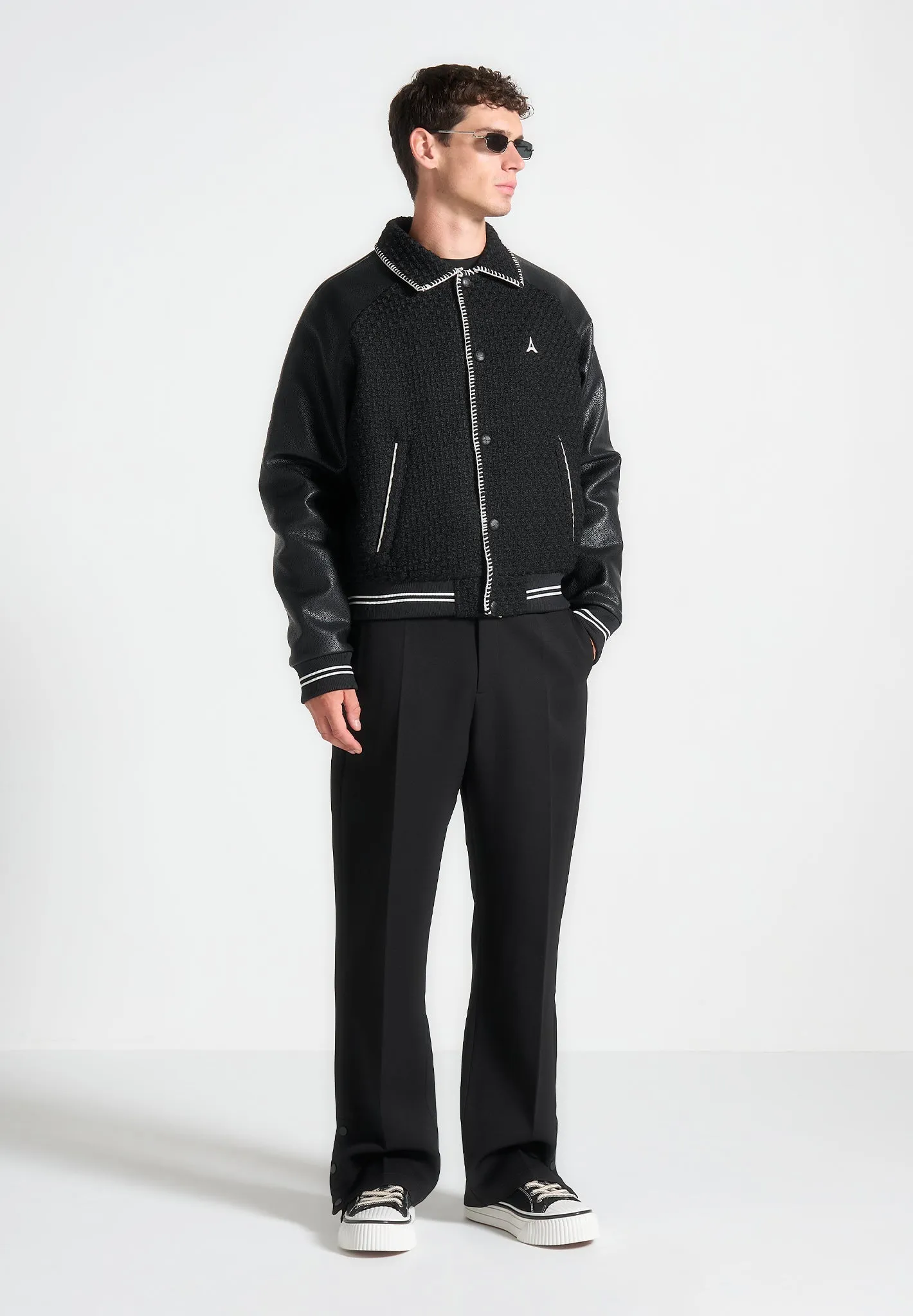 Tweed & Leather Varsity Jacket - Black