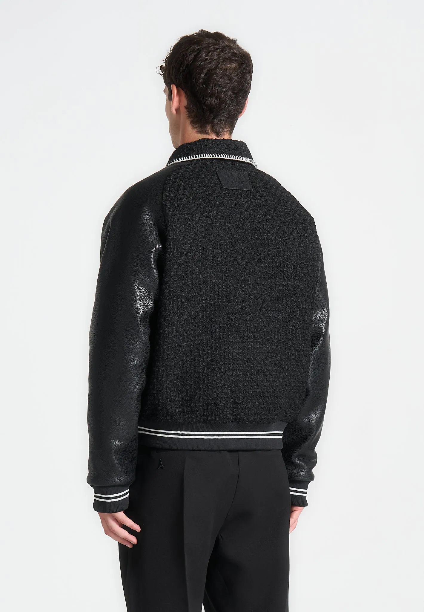 Tweed & Leather Varsity Jacket - Black