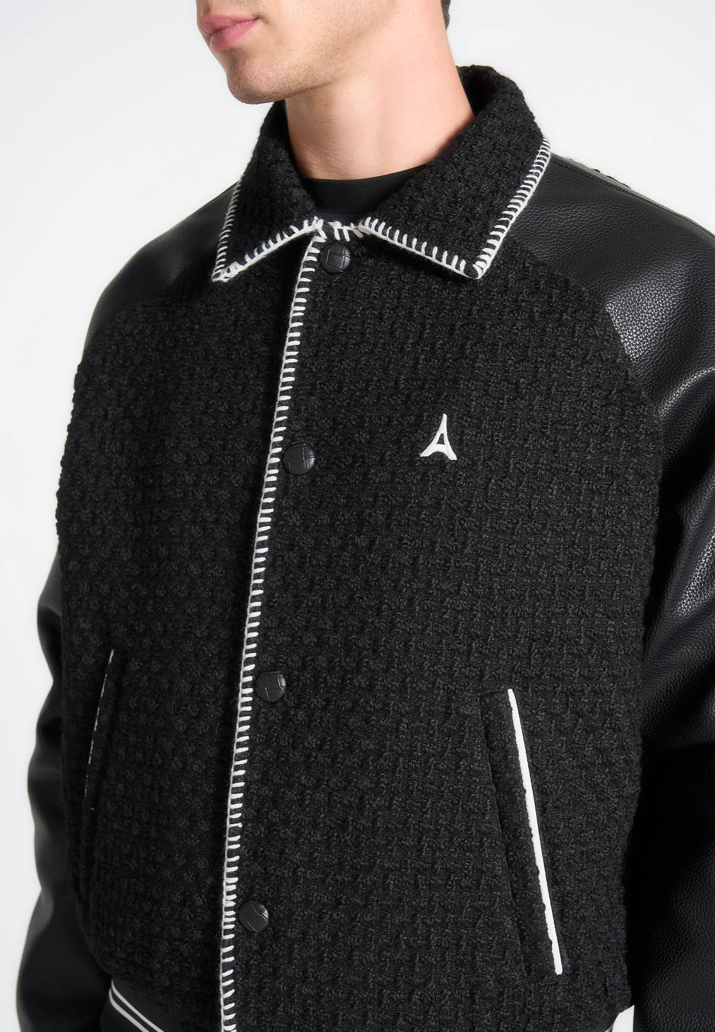 Tweed & Leather Varsity Jacket - Black