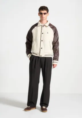 Cream and Brown Tweed & Leather Varsity Jacket - Stylish Classic Design for Modern Fashion