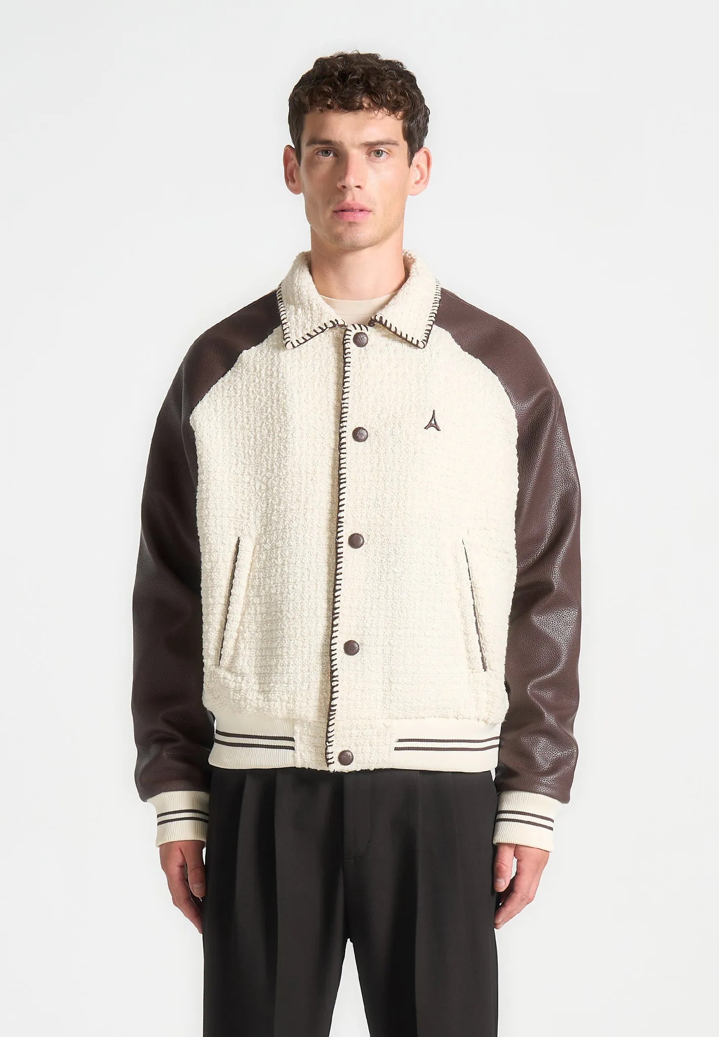 Cream and Brown Tweed & Leather Varsity Jacket - Stylish Classic Design for Modern Fashion