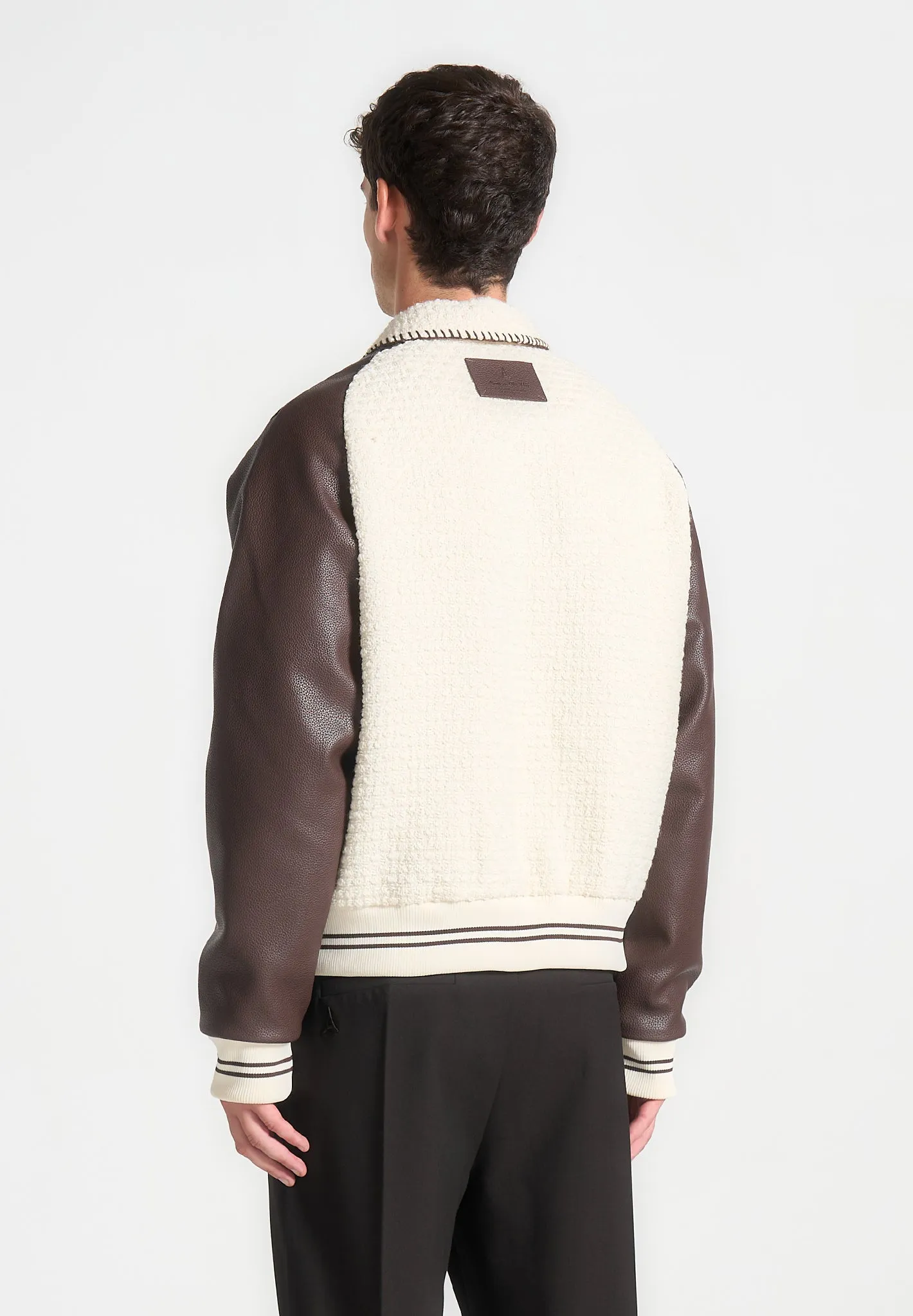 Cream and Brown Tweed & Leather Varsity Jacket - Stylish Classic Design for Modern Fashion